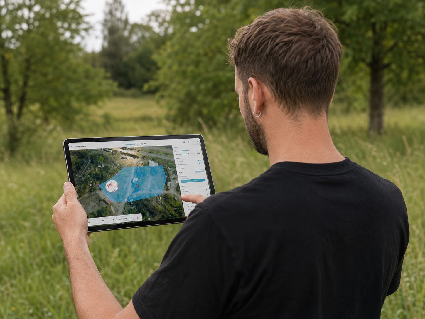 Janko Bartels surveying the festival site on a tablet using the aerial map